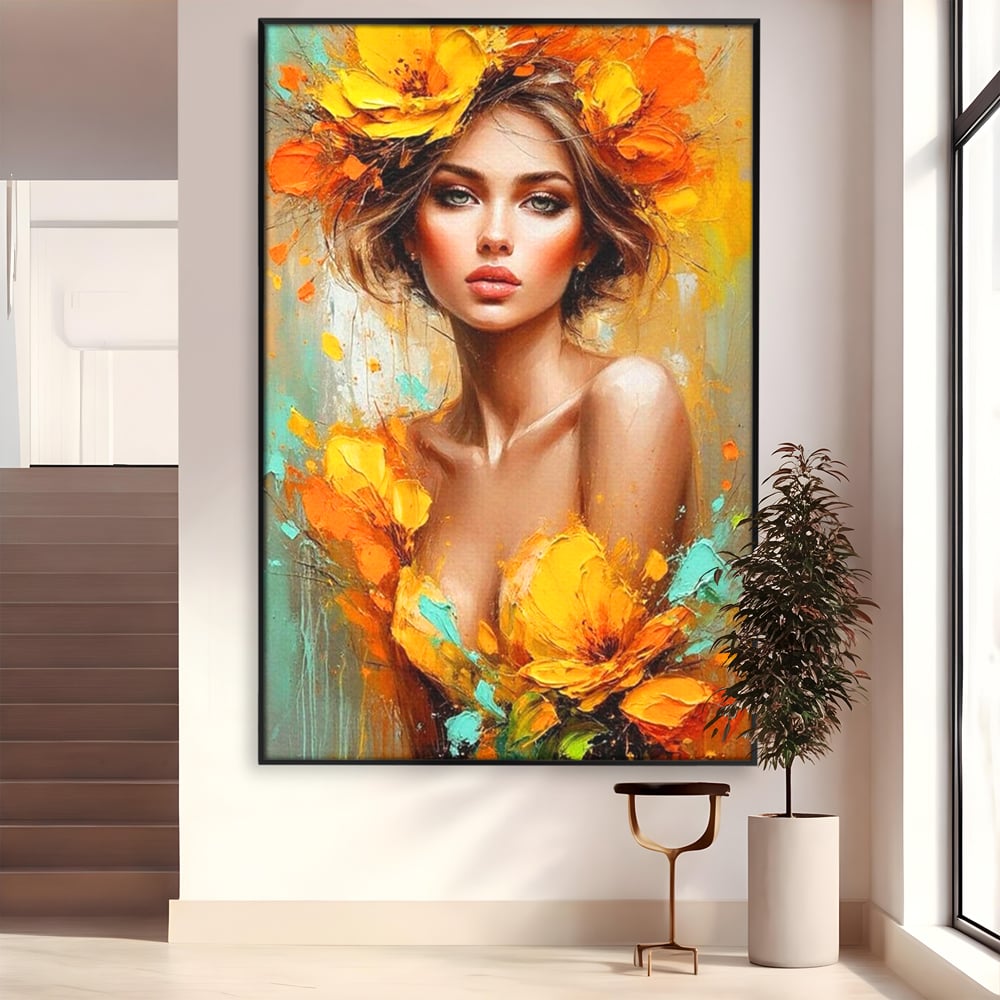 Tablou canvas cu pictura portret femeie cu flori galbene, in rama de aluminiu negru